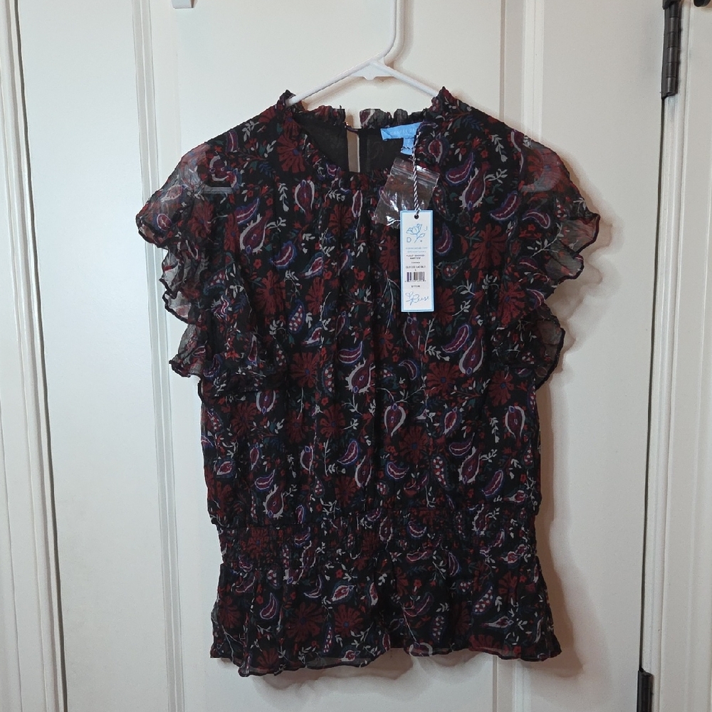Rare Draper James Paisley Smocked Waist Black and Red Floral Blouse Size L